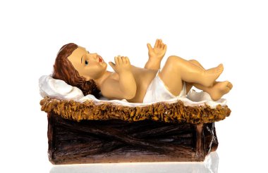 Bebek Jesus beyaz bir arka plan üzerinde izole Christmas rustik