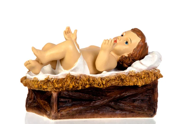 Baby Jezusa Christmas Stylu Rustykalnym Białym Tle Białym Tle — Zdjęcie stockowe