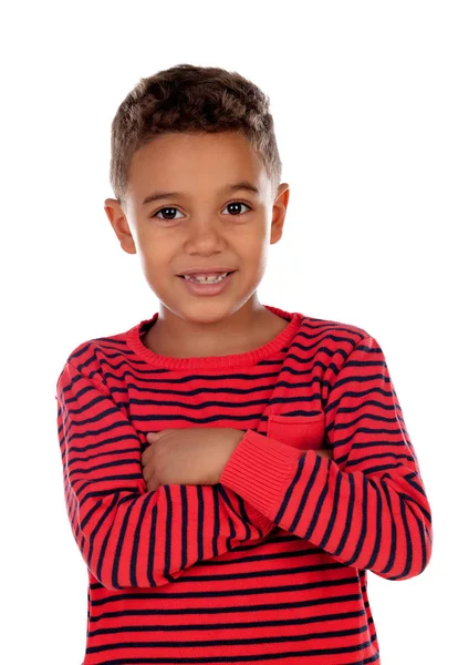 Красивый Латинский Ребенок Красной Полосатой Рубашке Белом Фоне — стоковое фото