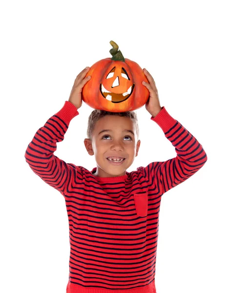 Happy Latin Boy Holding Big Pumpkin Isolated White Background — Stock Photo, Image