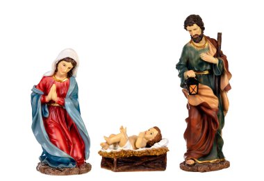 Doğuş sahne: Mary, Joseph ve İsa bebek beyaz bir arka plan üzerinde izole