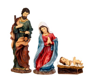 Doğuş sahne: Mary, Joseph ve İsa bebek beyaz bir arka plan üzerinde izole