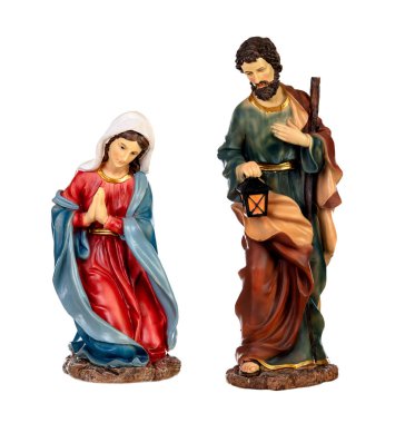 Doğuş sahne: Mary, Joseph ve İsa bebek beyaz bir arka plan üzerinde izole