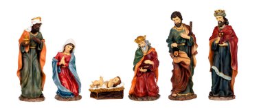 Beyaz bir arka plan üzerinde izole Doğum sahnesi için seramik rakamlar