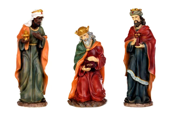 Tre Kloka Män Och Jesusbarnet Keramiska Siffror Isolerad Vit Bakgrund — Stockfoto