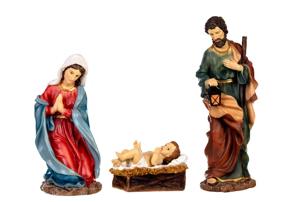 Scène Van Geboortekerk Mary Joseph Baby Jezus Geïsoleerd Een Witte — Stockfoto
