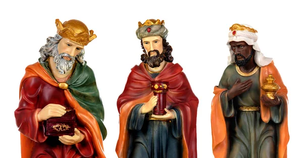 Três Sábios Menino Jesus Figuras Cerâmicas Isoladas Sobre Fundo Branco — Fotografia de Stock