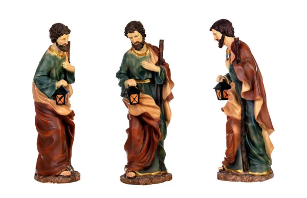 Три Фигуры Святого Иосифа Рождественской Сцены Изображены Белом Фоне — стоковое фото