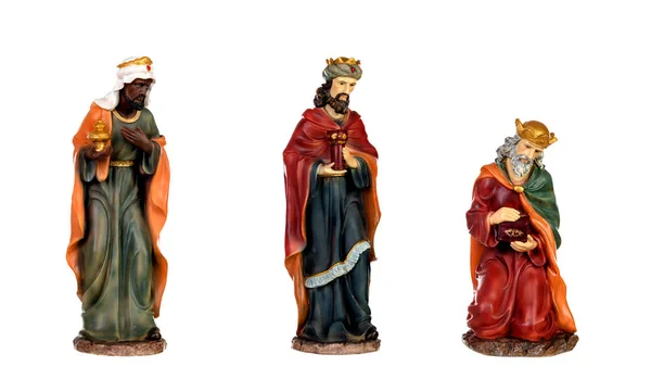 Три Мудрий Чоловіків Маля Ісуса Керамічні Фігури Ізольовані Білому Тлі — стокове фото