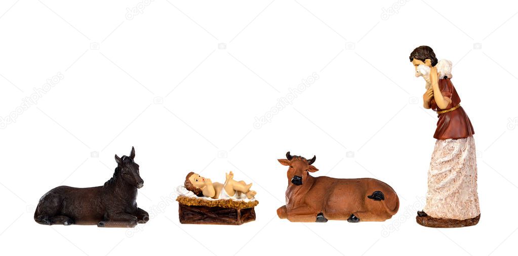 The Baby Jesus in the manger with the ox and the mule, isolated on white background