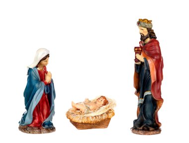 Doğum Sahnesi: Meryem, Bebek İsa ve bilge bir adam, Caspar beyaz bir arka plan üzerinde izole