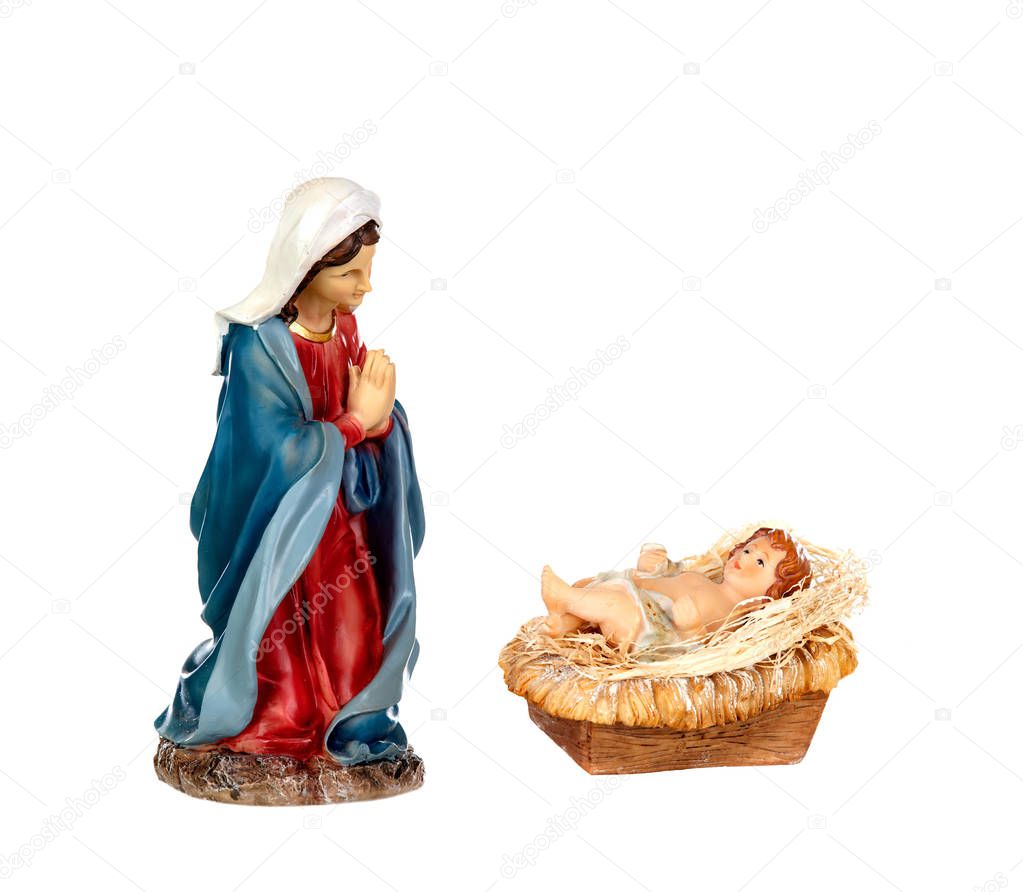 Scene of the nativity: Mary and the Baby Jesus isolated on a white background