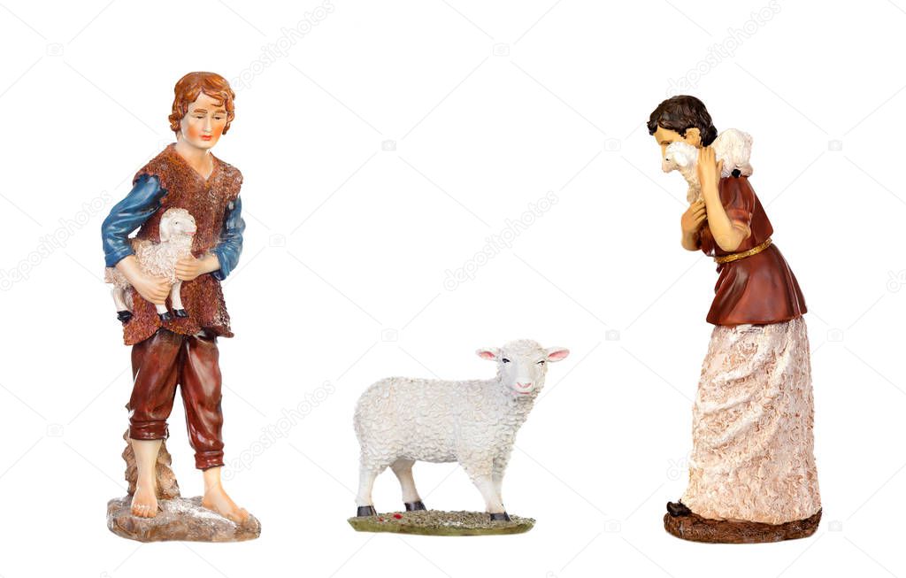 Shepherds of a Bethlehem portal with a sheep isolated on a white background