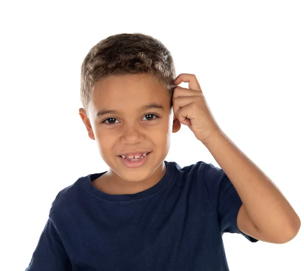 Niño Latino Dudoso Idolatrado Sobre Fondo Blanco —  Fotos de Stock