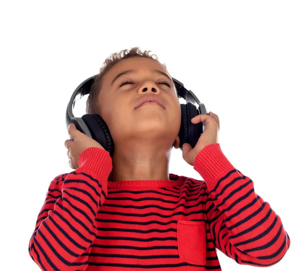 Niño Latino Con Auriculares Suéter Rojo Aislado Sobre Fondo Blanco —  Fotos de Stock