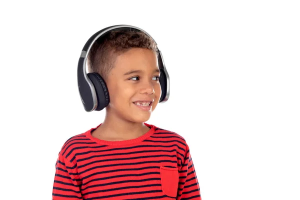Λατινική Παιδί Ακουστικά Ένα Κόκκινο Πουλόβερ Απομονωθεί Λευκό Φόντο — Φωτογραφία Αρχείου