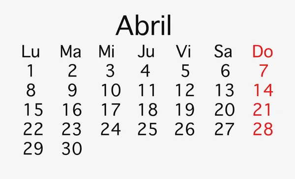 Abril 2019 Calendário Planejamento Vetor Cores Preto Vermelho — Fotografia de Stock