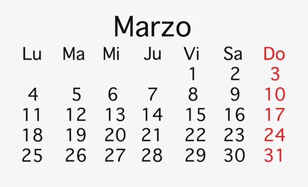 Calendario Planificación Marzo 2019 Vector Colores Negro Rojo — Foto de Stock