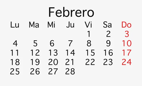 Calendario Piallatura Febbraio 2019 Vettore Nei Colori Nero Rosso — Foto Stock