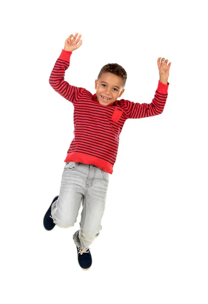 Feliz Niño Latino Saltando Aislado Sobre Fondo Blanco —  Fotos de Stock