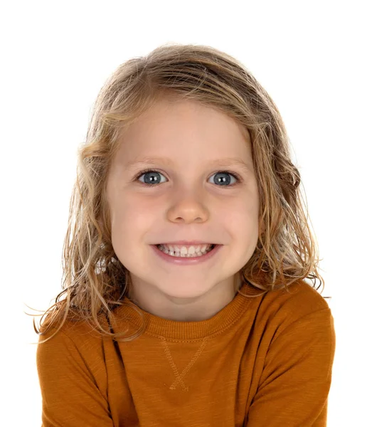 Schattige Kleine Jongen Gele Trui Geïsoleerd Witte Achtergrond — Stockfoto