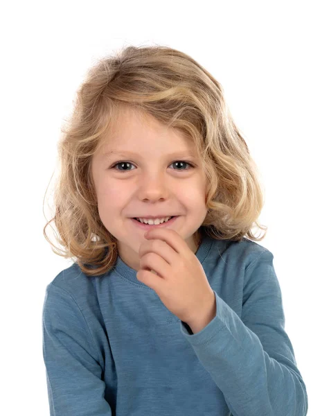 Lindo Niño Jersey Azul Aislado Sobre Fondo Blanco — Foto de Stock