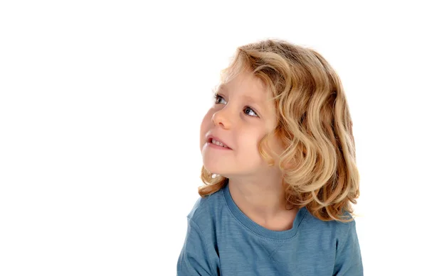 Schattige Kleine Jongen Blauwe Trui Geïsoleerd Witte Achtergrond — Stockfoto