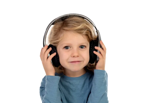 Χαριτωμένο Μικρό Αγόρι Μπλε Πουλόβερ Ακουστικά Που Απομονώνονται Λευκό Φόντο — Φωτογραφία Αρχείου