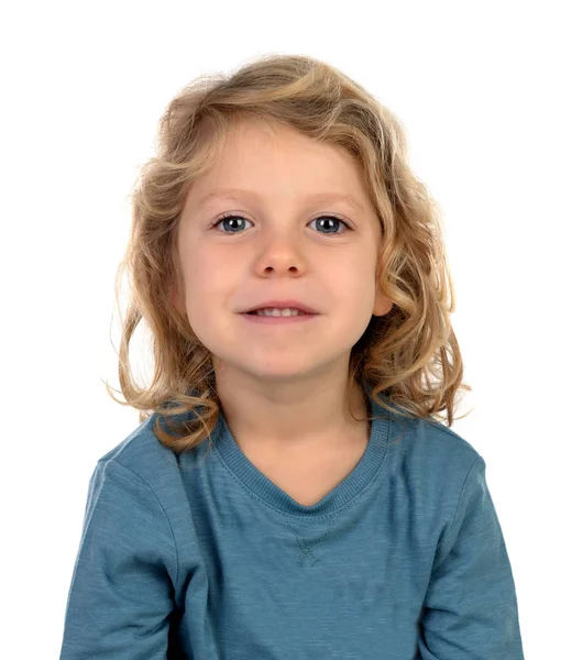 Niedliche Kleine Junge Blauem Pullover Isoliert Über Weißem Hintergrund — Stockfoto