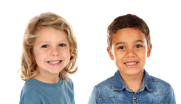 Deux Enfants Différents Isolés Sur Fond Blanc — Photo