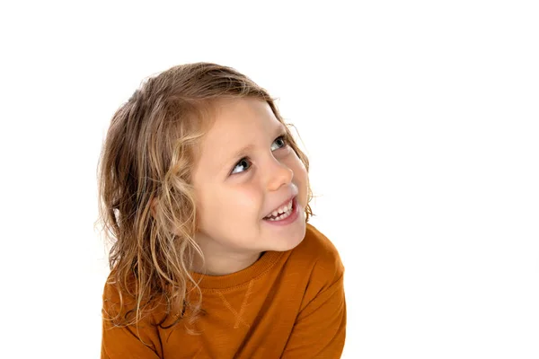 Cute Little Boy Yellow Pullover Isolated White Background — Stock Photo, Image