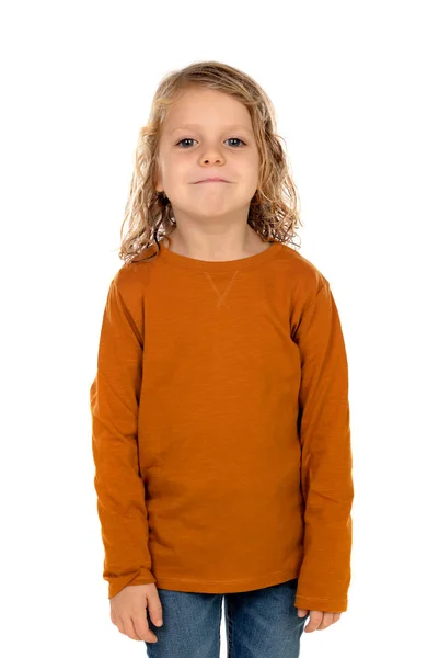 Niedlicher Kleiner Junge Gelbem Pullover Isoliert Über Weißem Hintergrund — Stockfoto