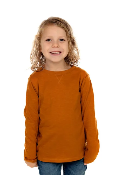 Cute Little Boy Yellow Pullover Isolated White Background — Stock Photo, Image