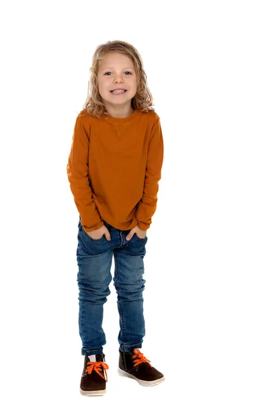 Милый Маленький Мальчик Желтом Пуловере Изолированы Белом Фоне — стоковое фото