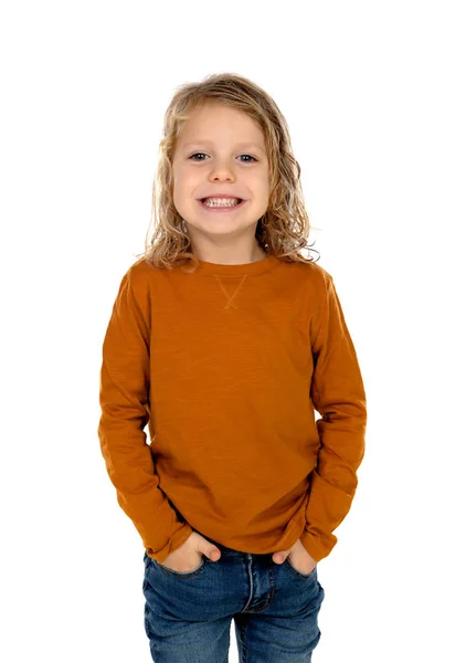 Cute Little Boy Yellow Pullover Isolated White Background — Stock Photo, Image