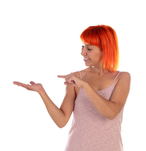 Kobieta Pokazując Coś Jej Palcem Białym Tle Białym Tle — Zdjęcie stockowe