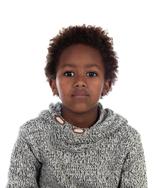 Beautiful Afro American Child Grey Wool Jersey Isolated White Background — Stock Photo, Image