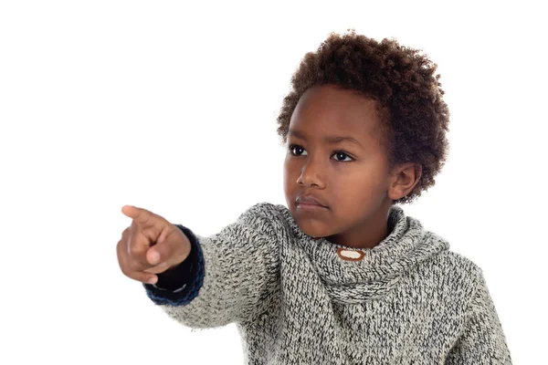 Niedliches Kind Zeigt Mit Dem Finger Isoliert Auf Weißem Hintergrund — Stockfoto