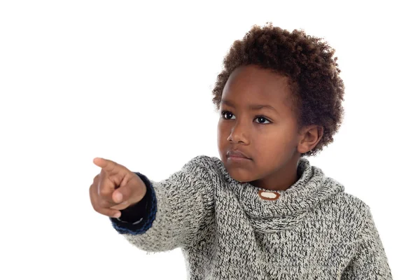 Lindo Niño Señalando Con Dedo Aislado Sobre Fondo Blanco — Foto de Stock