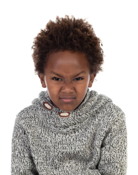 愤怒的非洲孩子与羊毛球衣查出在白色背景 — 图库照片