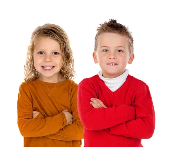 Two Happy Children Fair Hair Isolated White Background Full Portrait — Stock Photo, Image