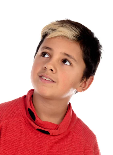 Zamyšlený Dítě Deset Let Knot Jeho Vlasy Izolovaných Bílém Pozadí — Stock fotografie