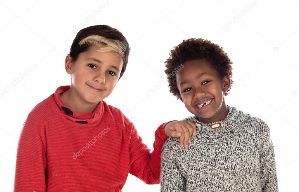 Two happy brothers isolated on a white background