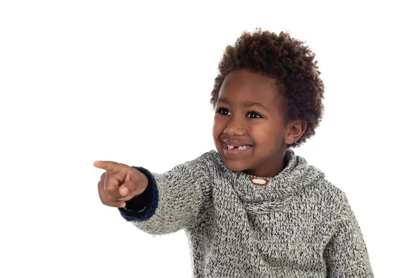 Schattige Jongen Wijzend Met Zijn Vinger Geïsoleerd Witte Achtergrond — Stockfoto