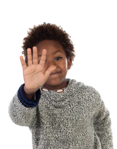 Funny African Child Saying Stop His Hand Isolated White Background — Stock Photo, Image
