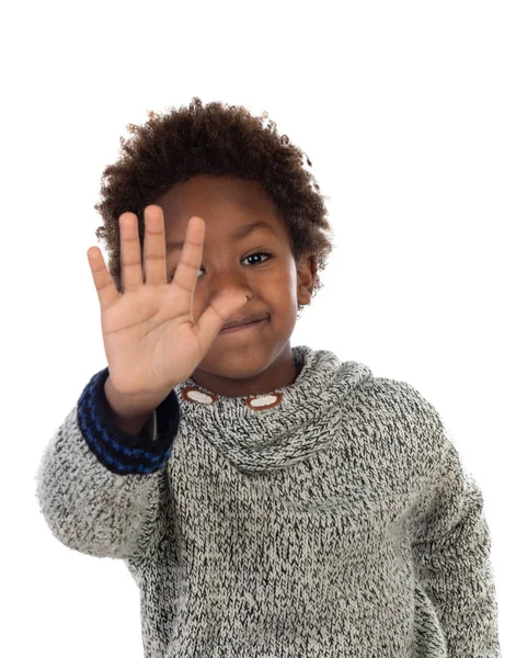 Divertente Bambino Africano Dicendo Stop Con Mano Isolata Uno Sfondo — Foto Stock