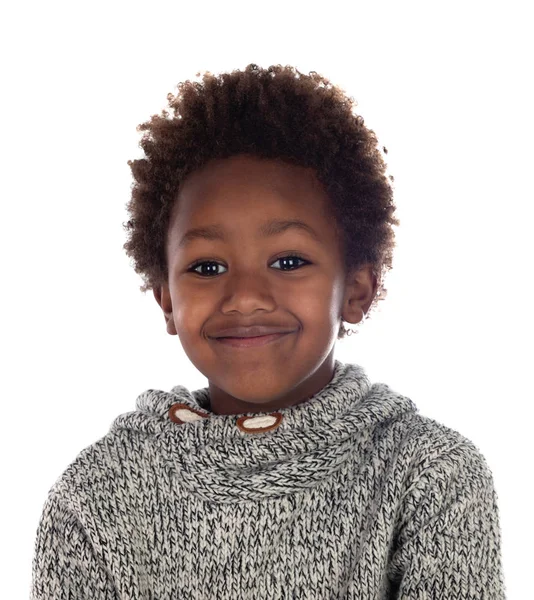 Magnifique Enfant Afro Américain Jersey Laine Grise Isolé Sur Fond — Photo