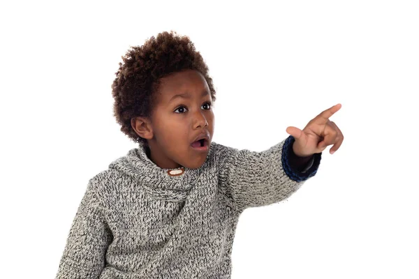 Cute Kid Pointing His Finger Isolated White Background — Stock Photo, Image