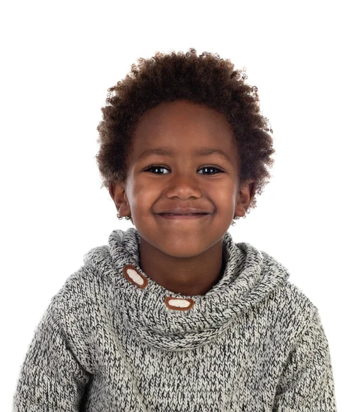 Criança Afro Americana Bonita Com Camisa Cinza Isolada Fundo Branco — Fotografia de Stock