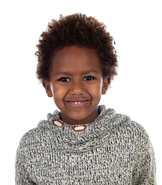 美丽的非裔美国人孩子与灰色羊毛球衣查出在白色背景 — 图库照片